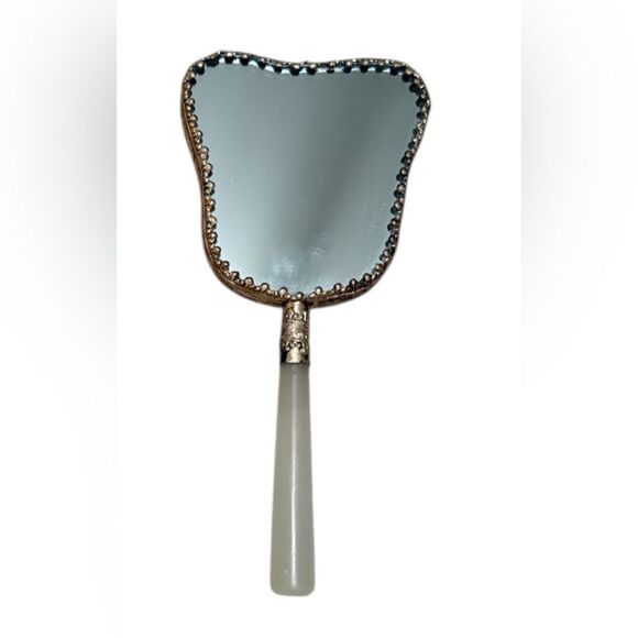 Vintage White Jade Hand Mirror Asian Bird Floral - Picture 10 of 10